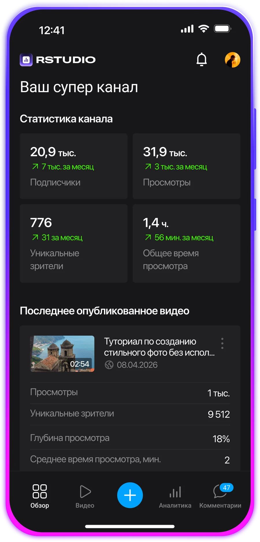 Обзор канала и статистика в приложении RStudio